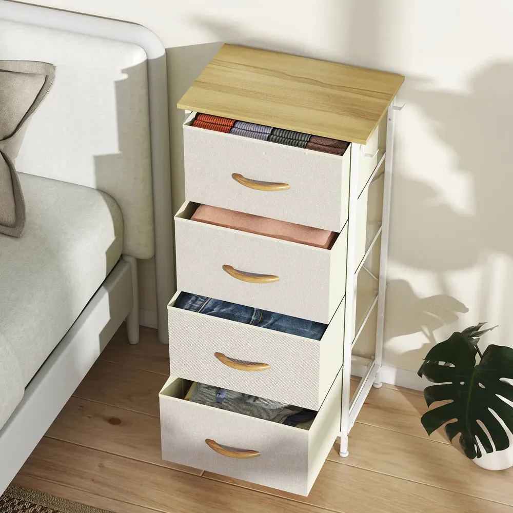 4-Drawer Chest of Drawers with Side Pockets - Beige, Fabric