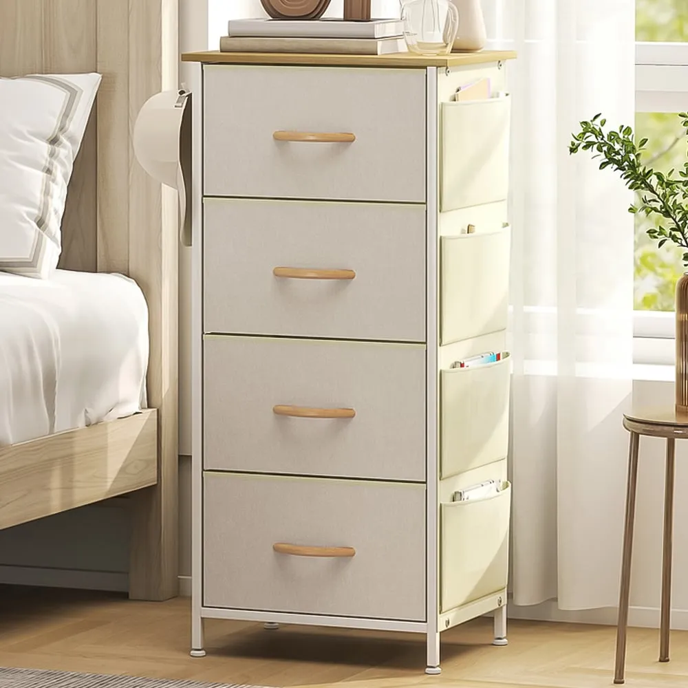 4-Drawer Chest of Drawers with Side Pockets - Beige, Fabric image