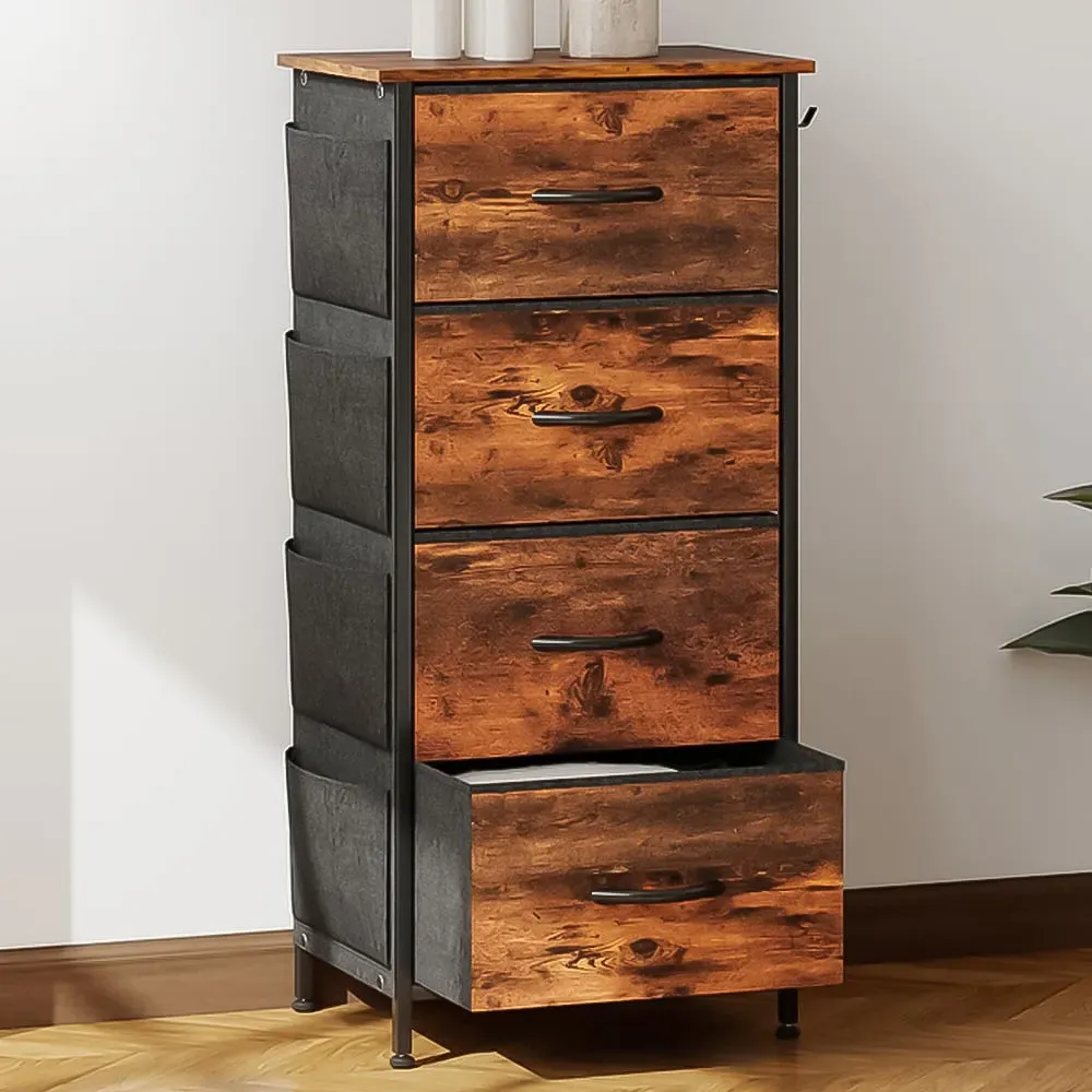 4 Drawer Chest of Drawers with Side Pockets - Brown, Fabric image