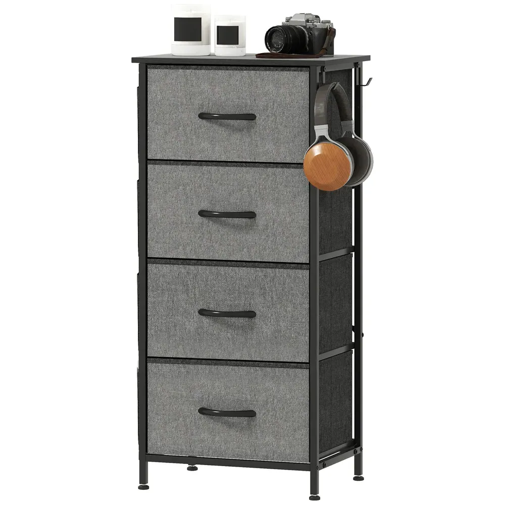 4 Drawer Chest of Drawers with Side Pockets - Grey, Fabric