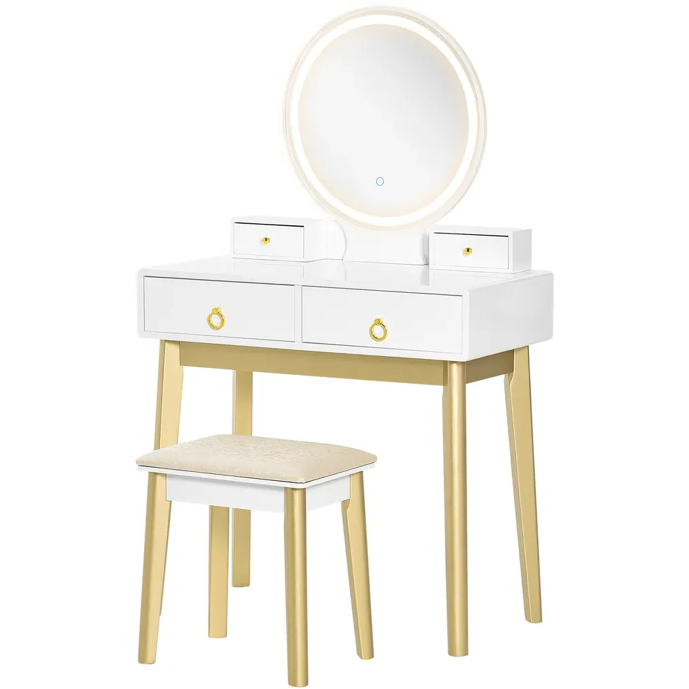 4 Drawer Dressing Table Set with LED Mirror and Stool - White