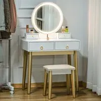 4 Drawer Dressing Table Set with LED Mirror and Stool - White