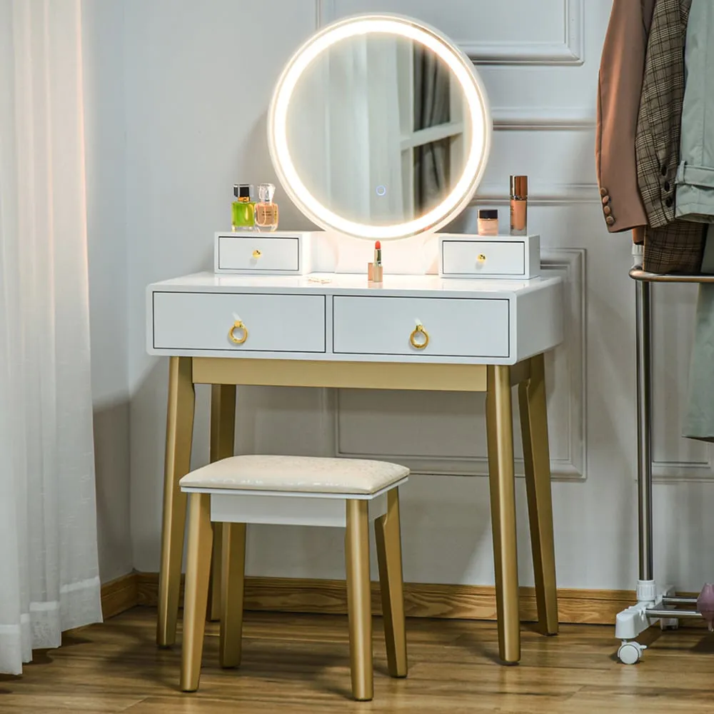 4 Drawer Dressing Table Set with LED Mirror and Stool - White