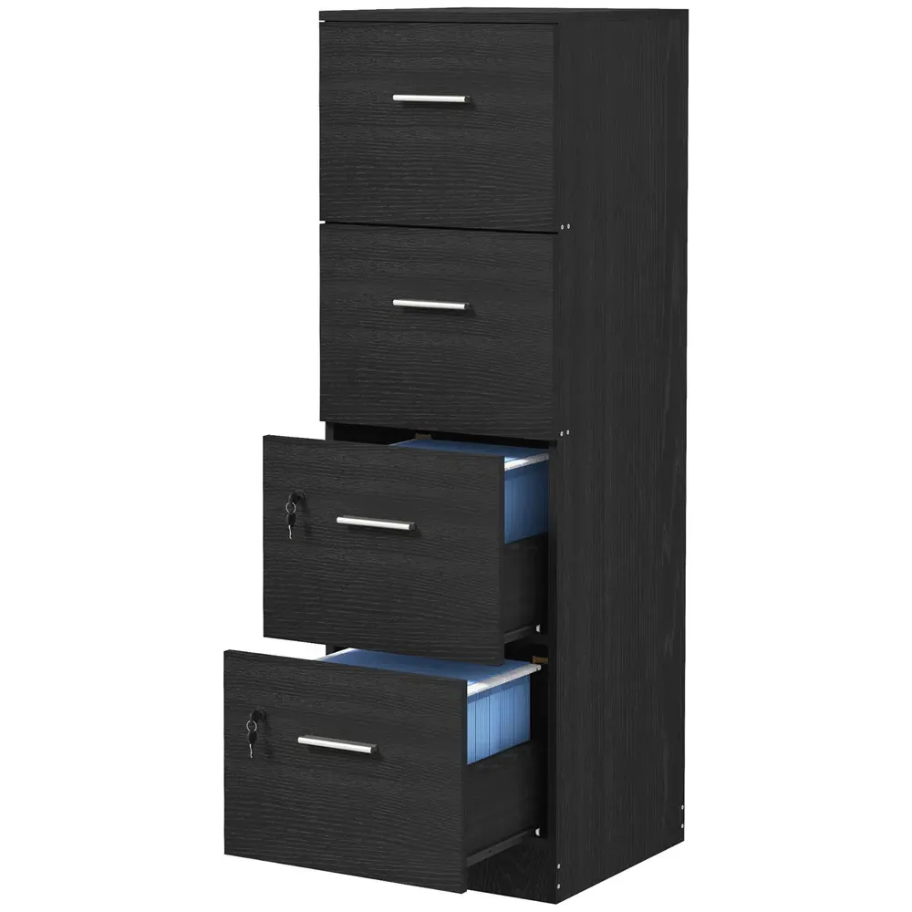4 Drawer File Cabinet with Lock - Black, Wood Effect