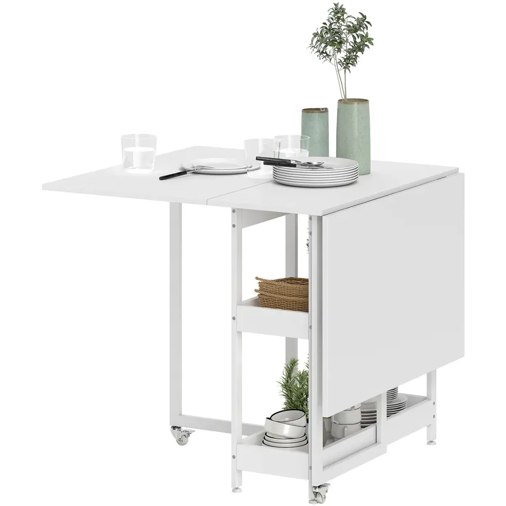 4-Seater Drop Leaf Dining Table with Storage - White