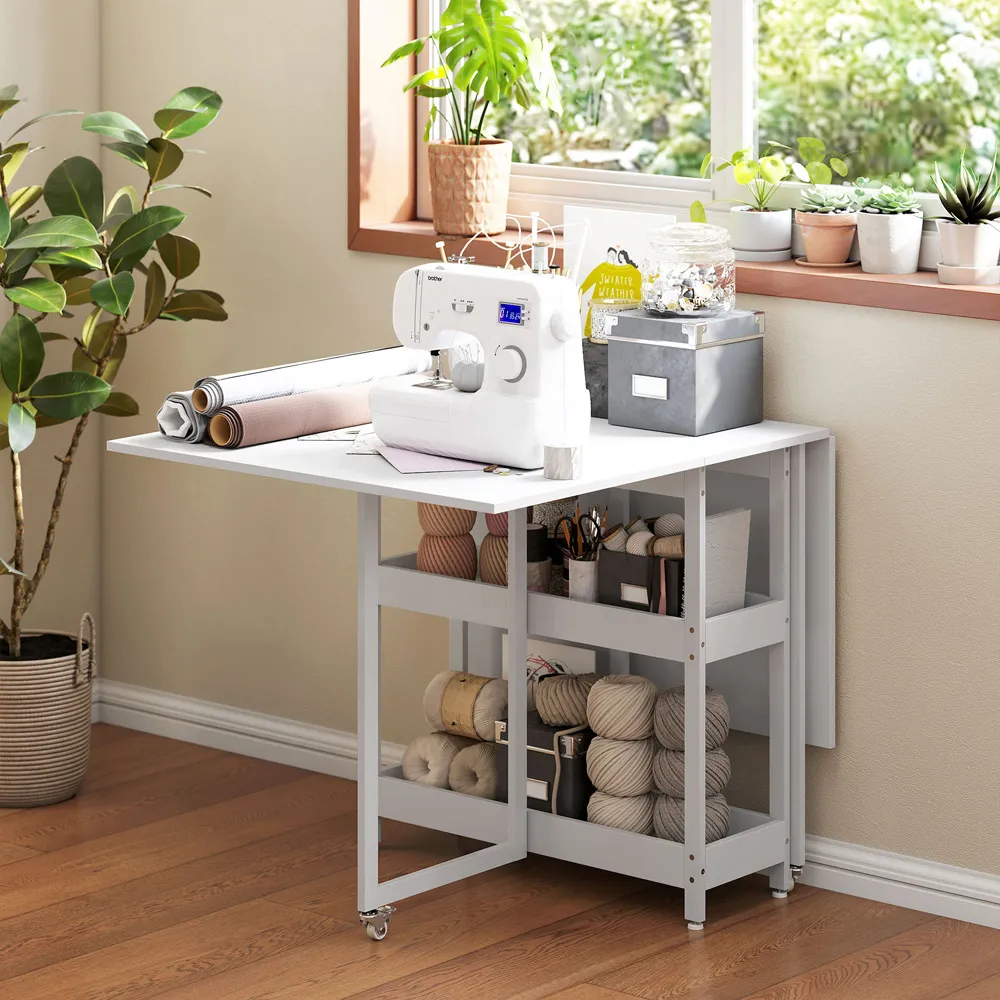 4-Seater Drop Leaf Dining Table with Storage - White