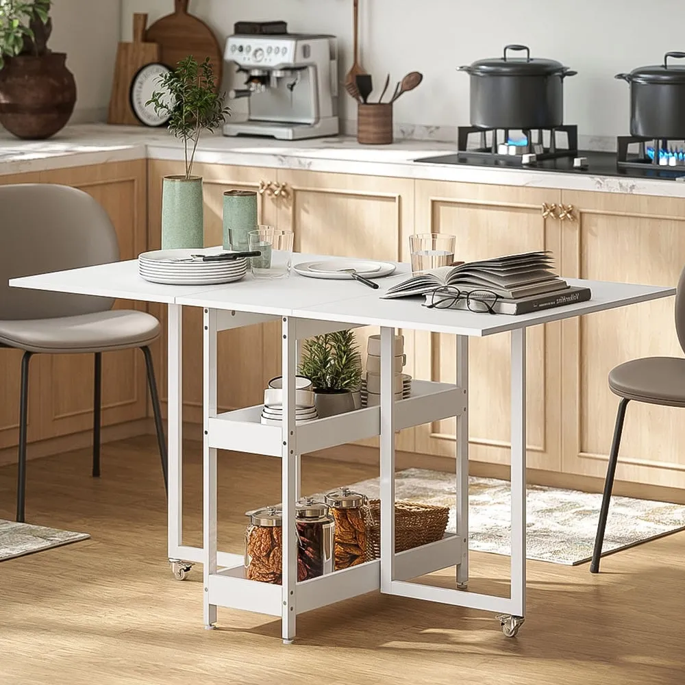 4-Seater Drop Leaf Dining Table with Storage - White