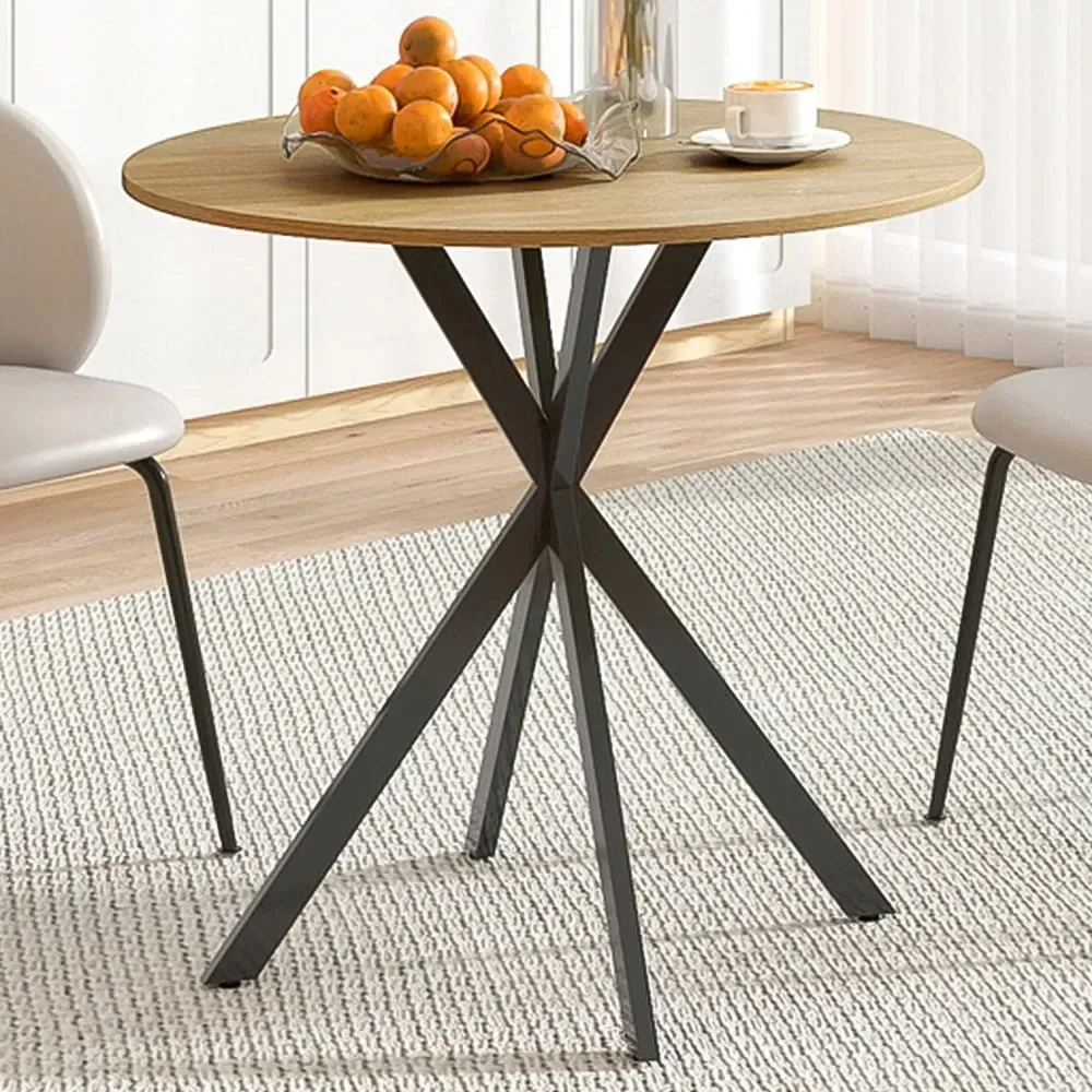 4 Seater Round Industrial Dining Table with Steel Legs - Oak image