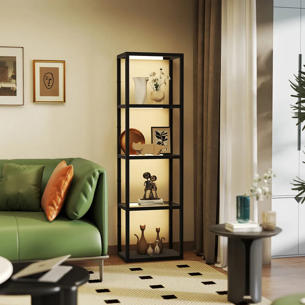 4 Shelf Floor Lamp with Dimmable LED - Black, Glass