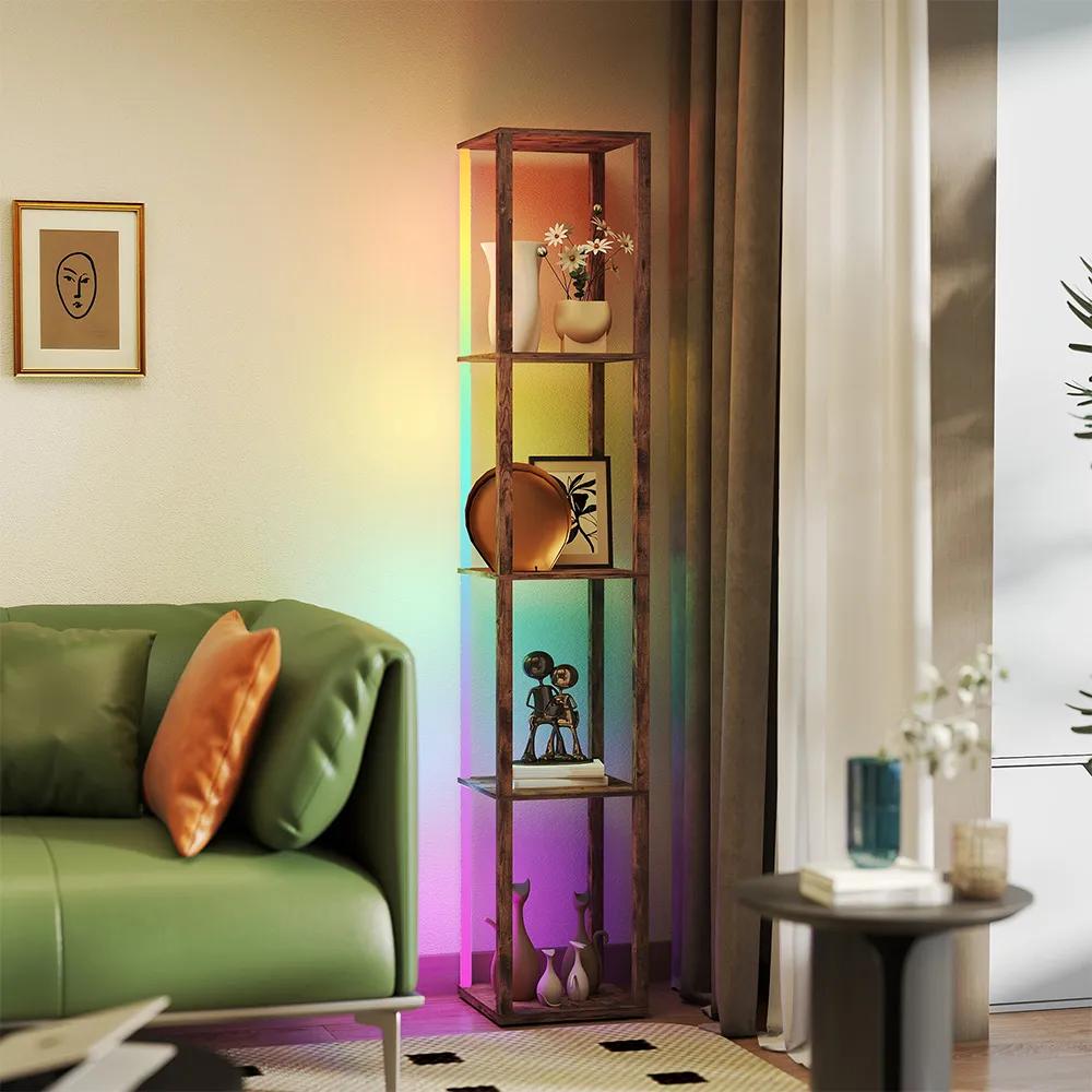 4 Shelf Floor Lamp with RGB LED - Brown
