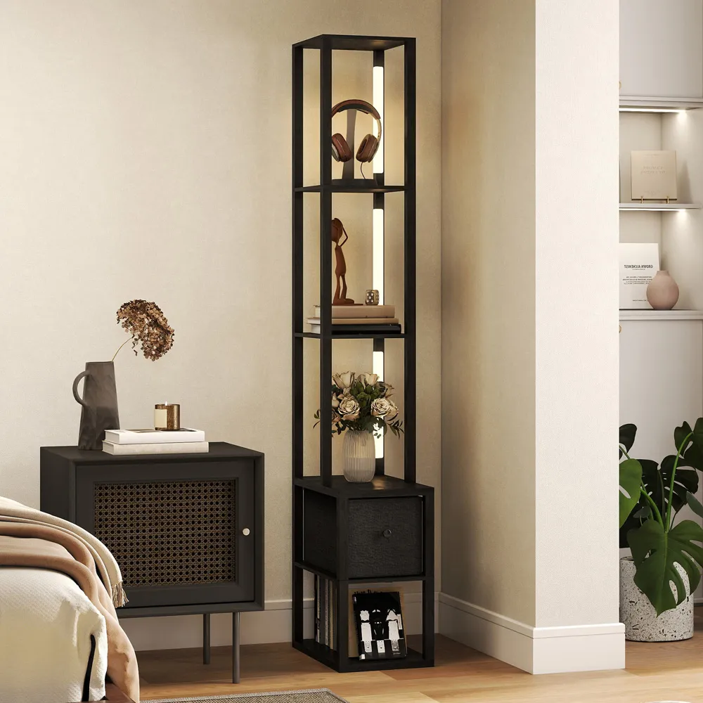 4 Shelf Floor Lamp with Storage - Black