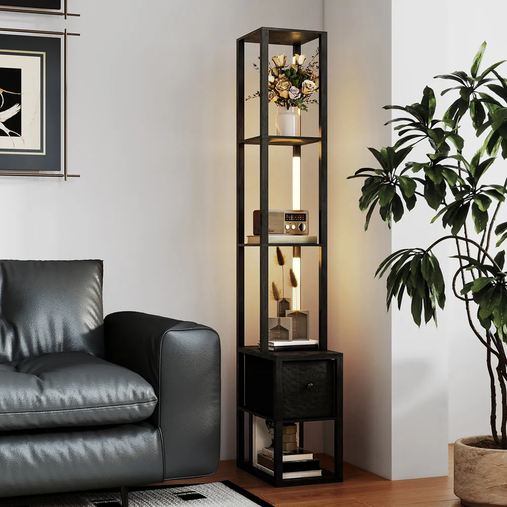 4 Shelf Floor Lamp with Storage - Black