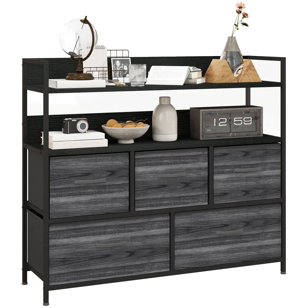 5 Drawer Chest of Drawers with Shelves - Black
