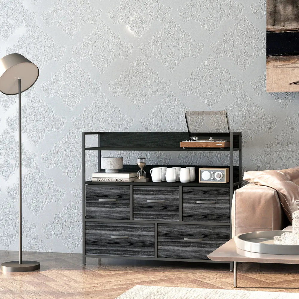 5 Drawer Chest of Drawers with Shelves - Black