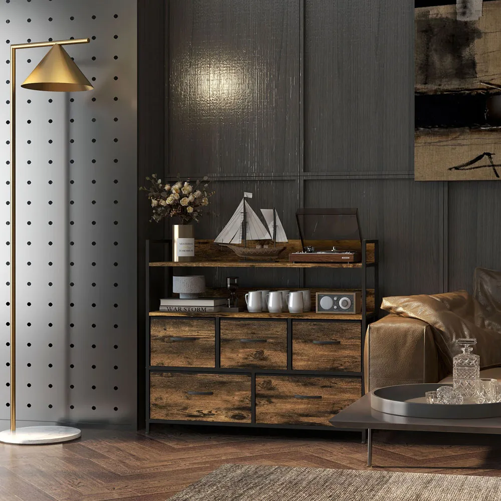 5 Drawer Chest of Drawers with Shelves - Brown, Wood Effect