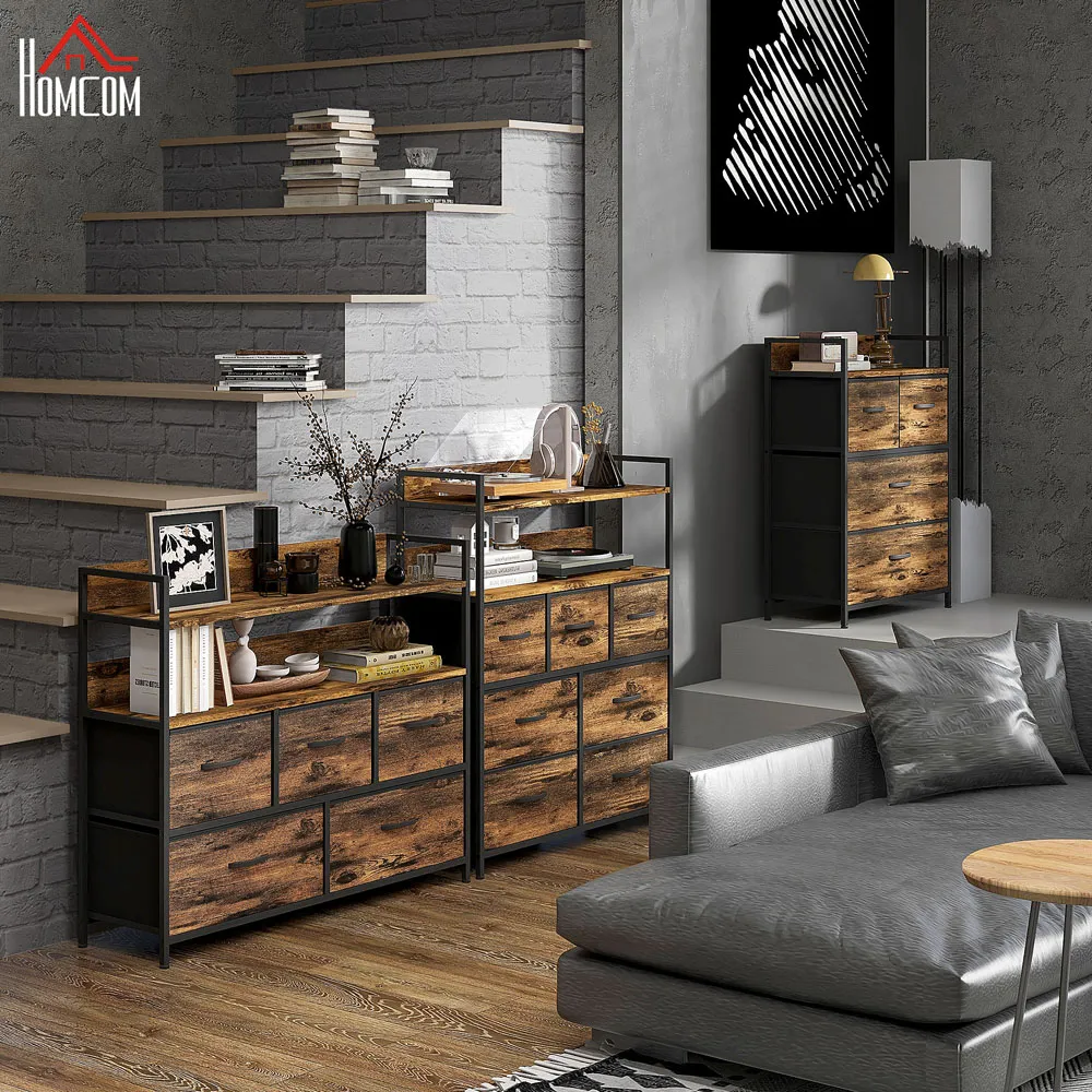 5 Drawer Chest of Drawers with Shelves - Brown, Wood Effect