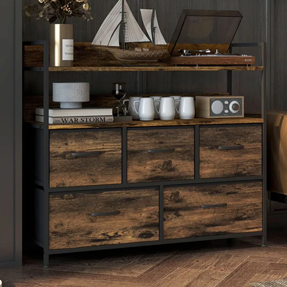 5 Drawer Chest of Drawers with Shelves - Brown, Wood Effect