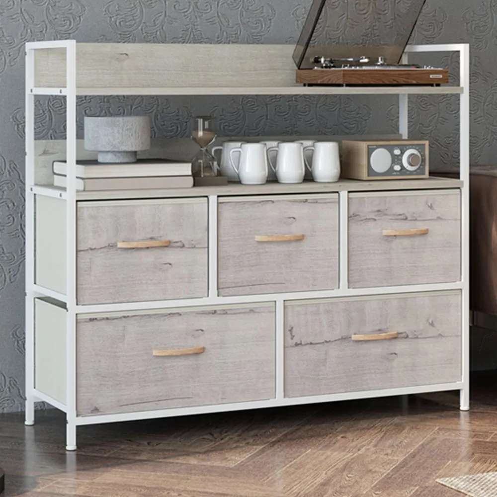 5 Drawer Chest of Drawers with Shelves - Brown