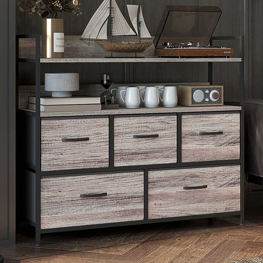 5 Drawer Chest of Drawers with Shelves - Grey, Wood Effect