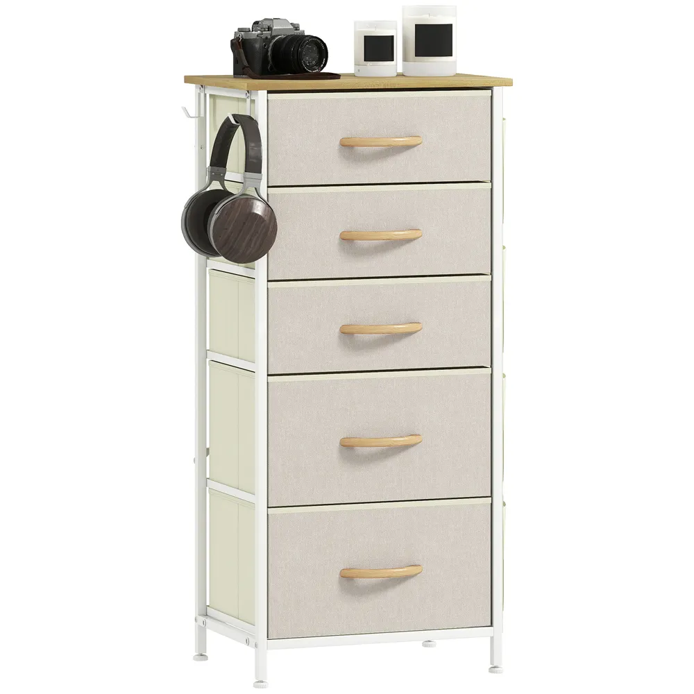 5-Drawer Chest of Drawers with Side Pockets - Beige, Fabric