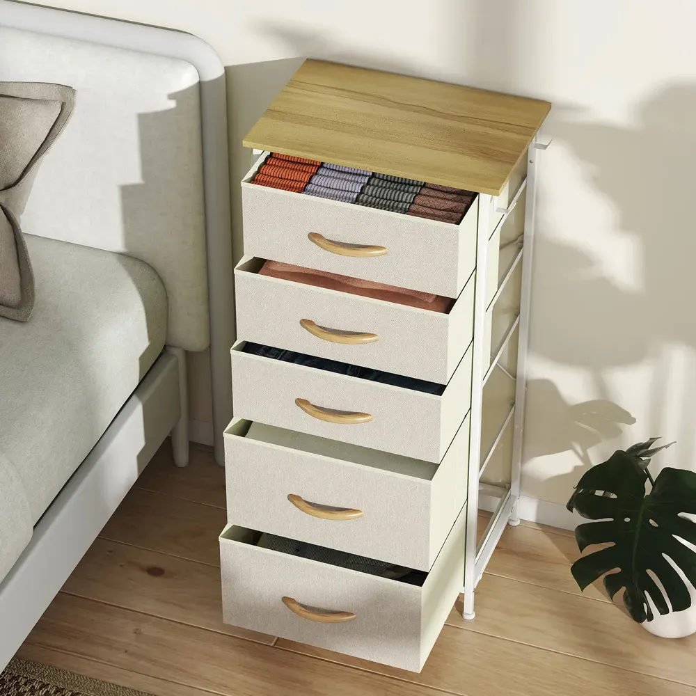 5-Drawer Chest of Drawers with Side Pockets - Beige, Fabric