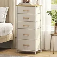 5-Drawer Chest of Drawers with Side Pockets - Beige, Fabric