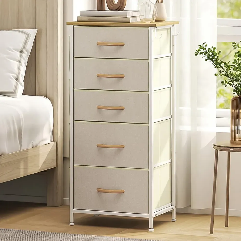 5-Drawer Chest of Drawers with Side Pockets - Beige, Fabric