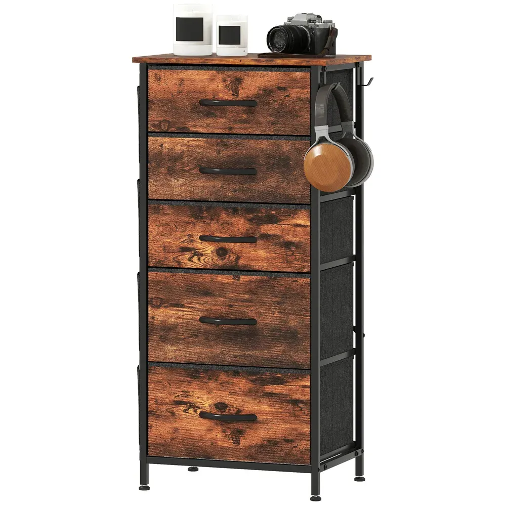 5 Drawer Chest of Drawers with Side Pockets - Brown, Fabric