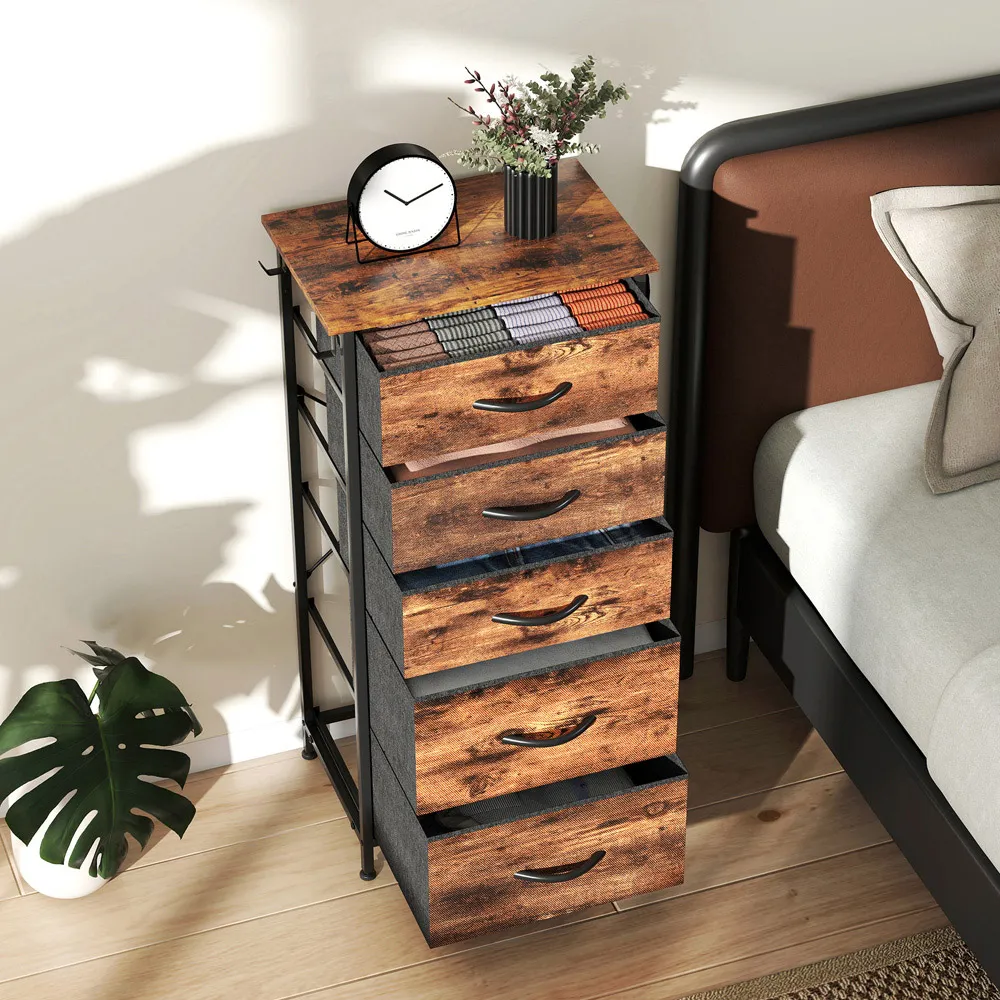 5 Drawer Chest of Drawers with Side Pockets - Brown, Fabric