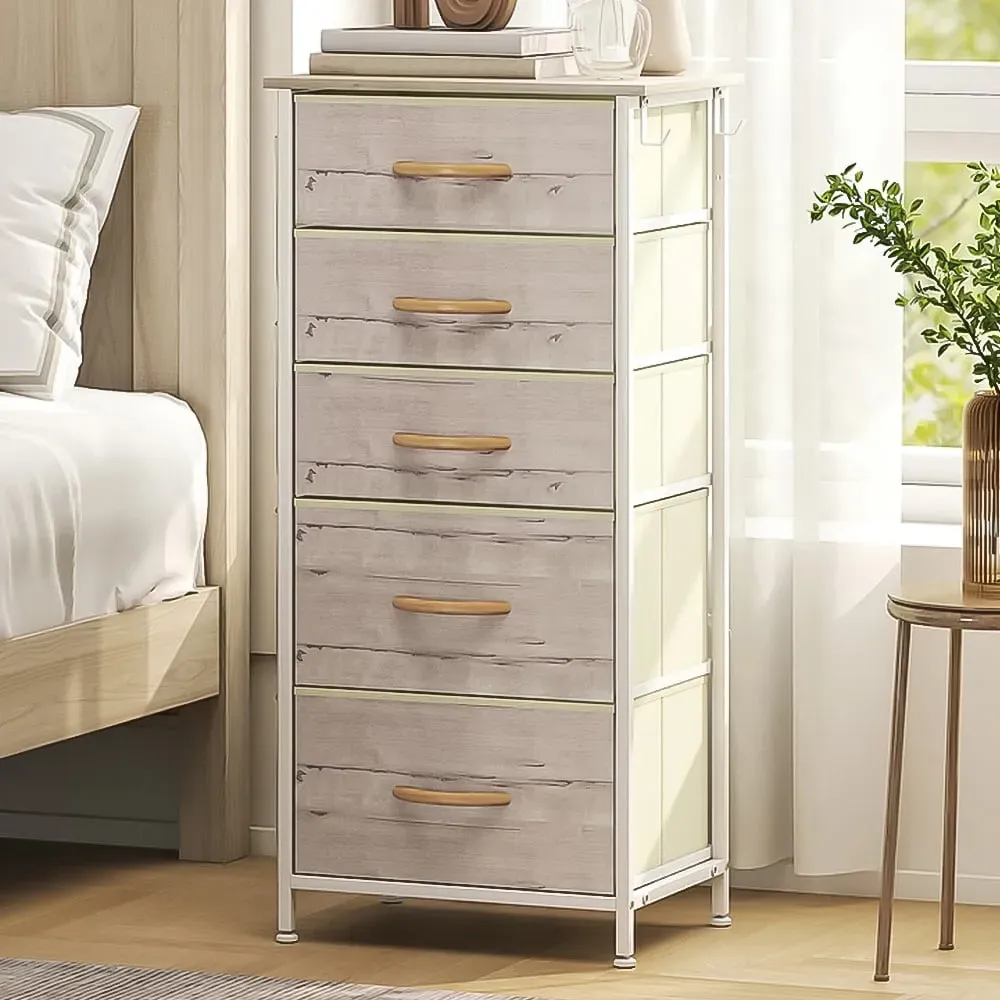 5 Drawer Chest of Drawers with Side Pockets - Brown, Fabric