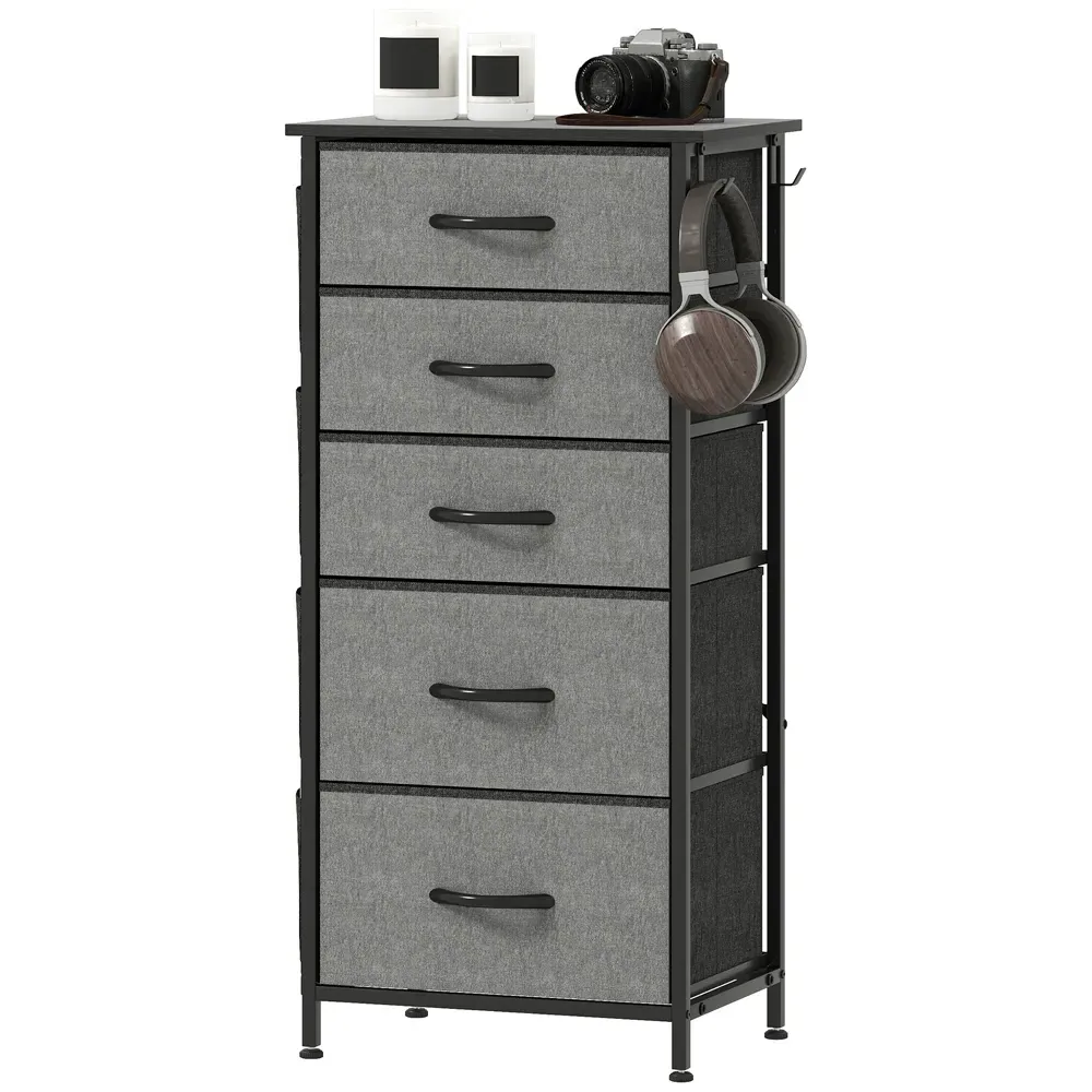 5 Drawer Chest of Drawers with Side Pockets - Grey, Fabric