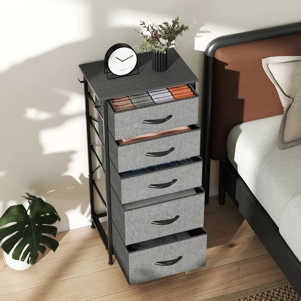5 Drawer Chest of Drawers with Side Pockets - Grey, Fabric