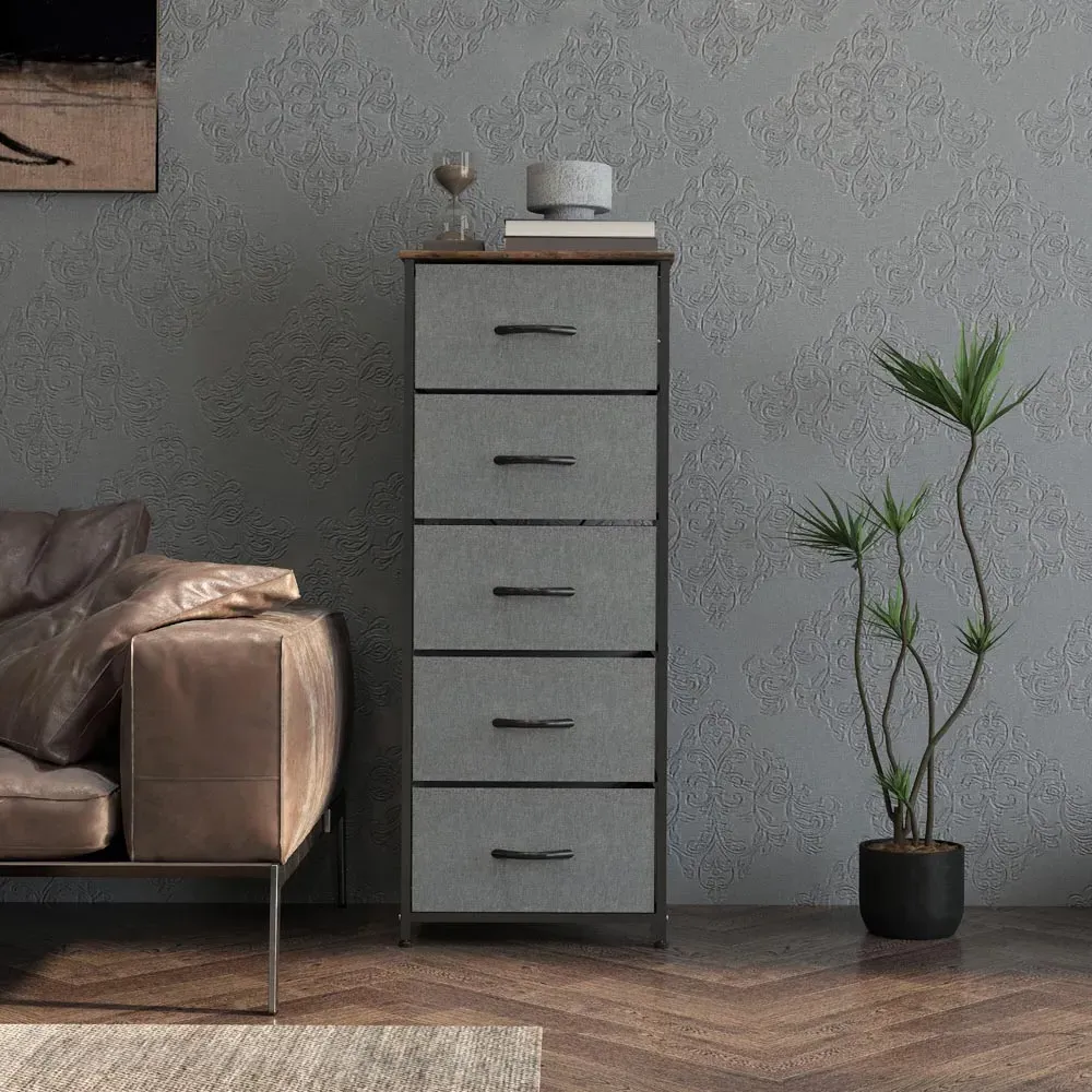 5 Drawer Chest of Drawers with Wooden Top - Brown, Fabric