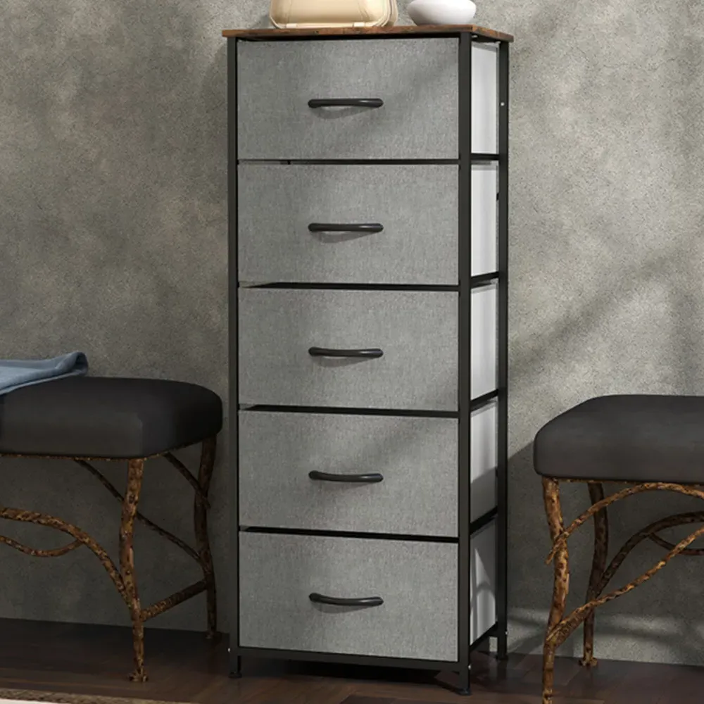 5 Drawer Chest of Drawers with Wooden Top - Brown, Fabric