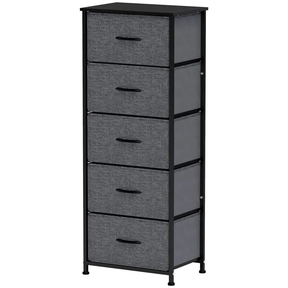 5 Drawer Chest of Drawers with Wooden Top - Grey, Fabric