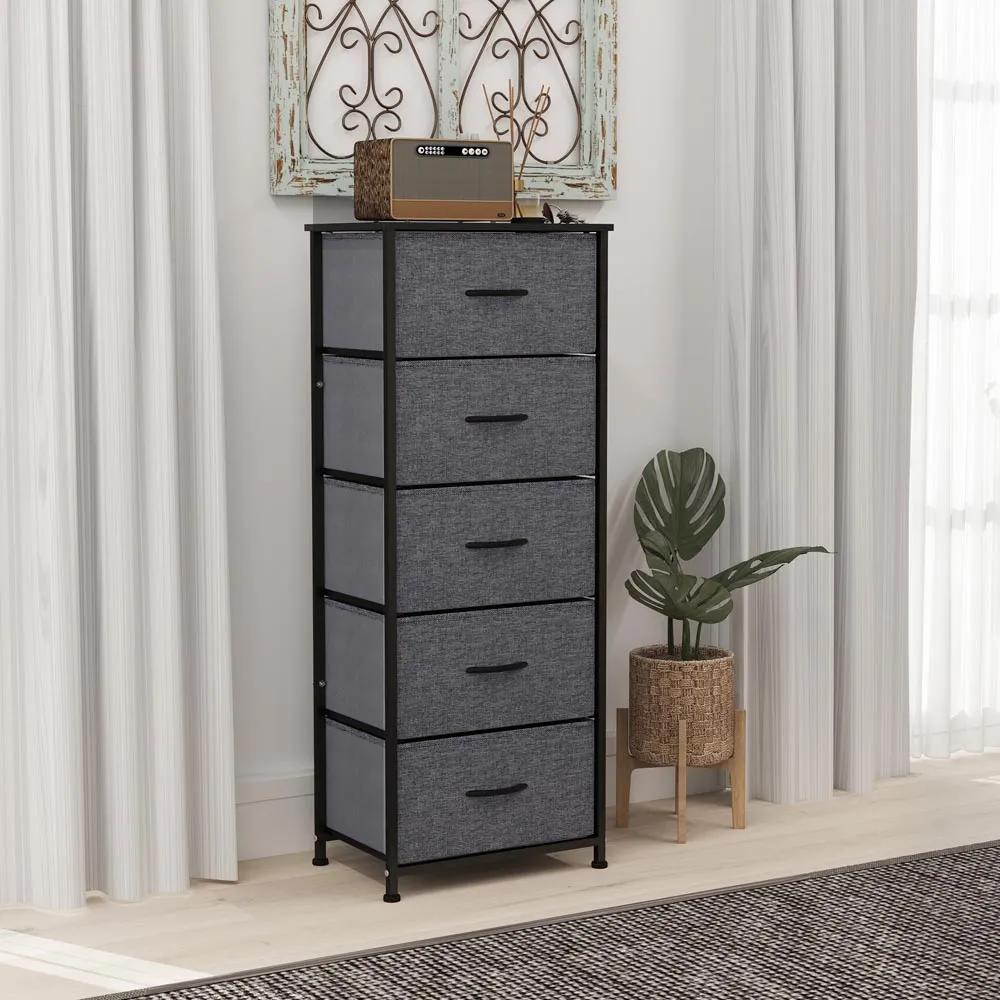 5 Drawer Chest of Drawers with Wooden Top - Grey, Fabric