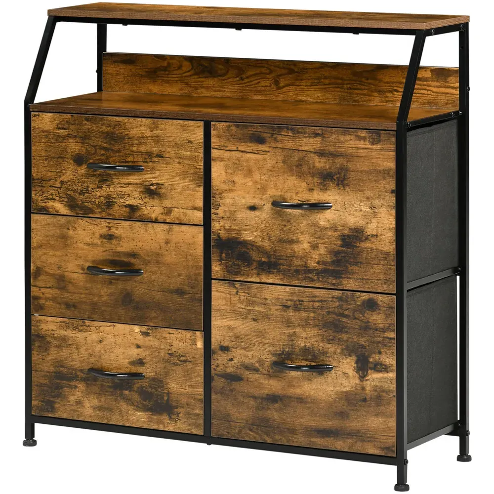 5 Drawer Fabric Chest with Open Shelf - Brown