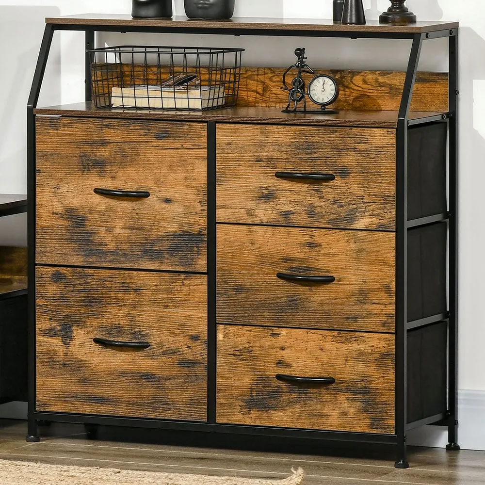 5 Drawer Fabric Chest with Open Shelf - Brown