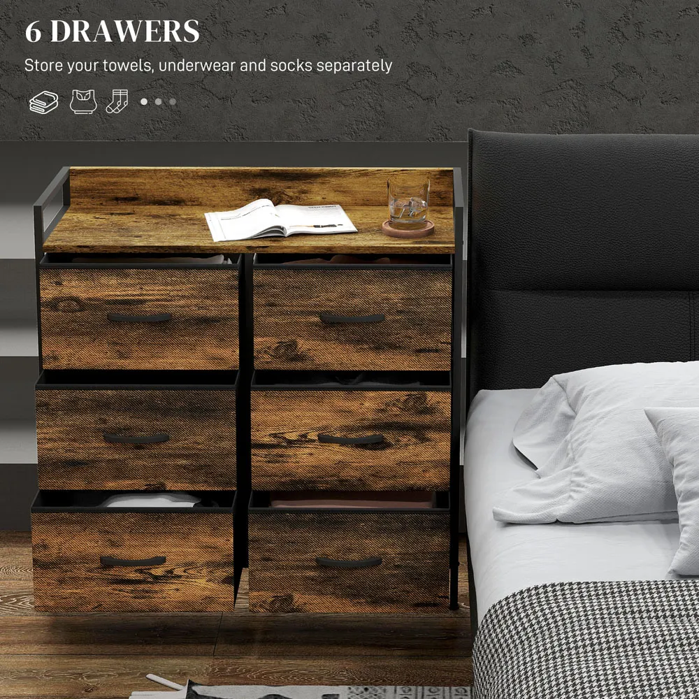 6 Drawer Chest of Drawers with Shelf - Brown, Wood Effect