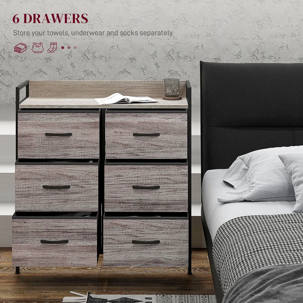 6 Drawer Chest of Drawers with Shelf - Grey, Wood Effect