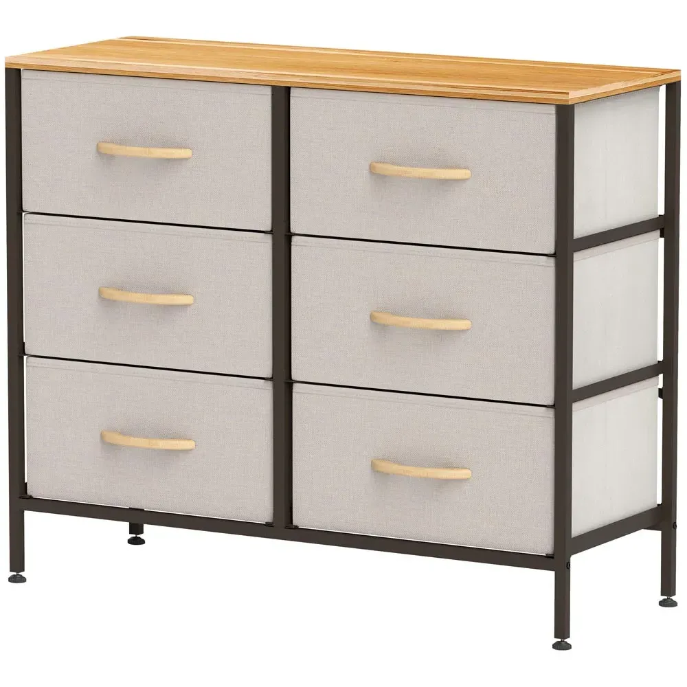 6 Drawer Chest of Drawers with Wooden Top - Cream, Fabric