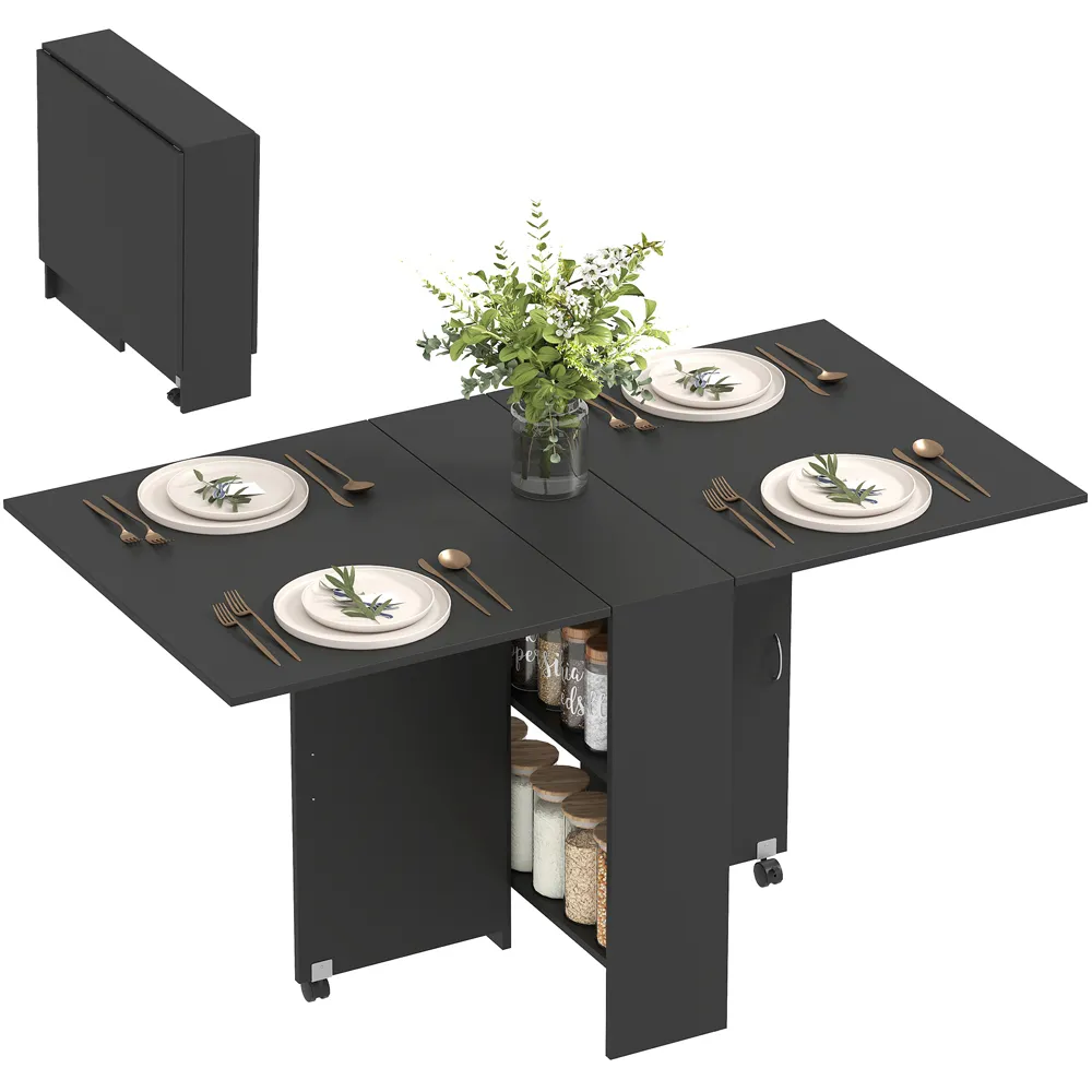 6 Seater Drop Leaf Dining Table with Open Shelf - Black