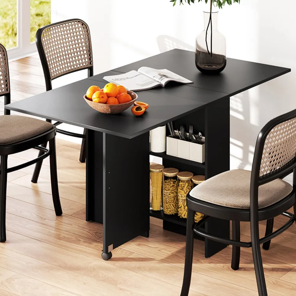 6 Seater Drop Leaf Dining Table with Open Shelf - Black