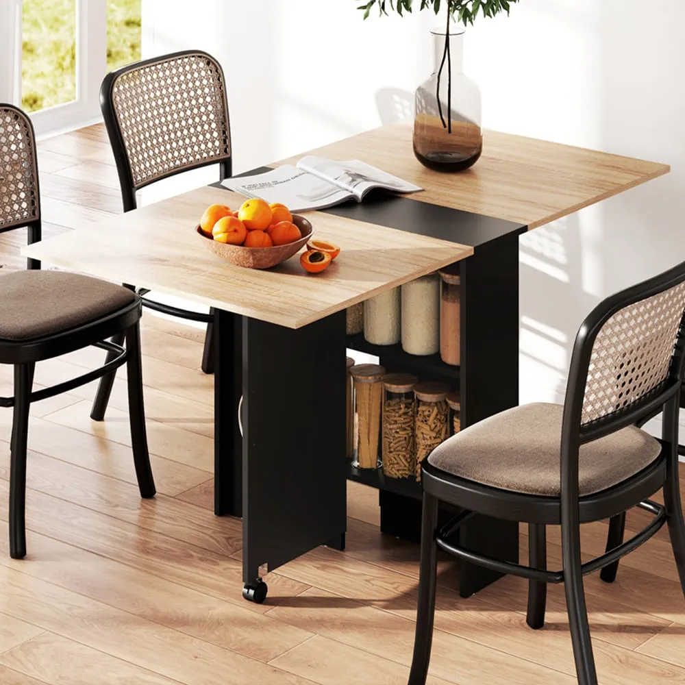 6-Seater Drop Leaf Dining Table with Storage - Black