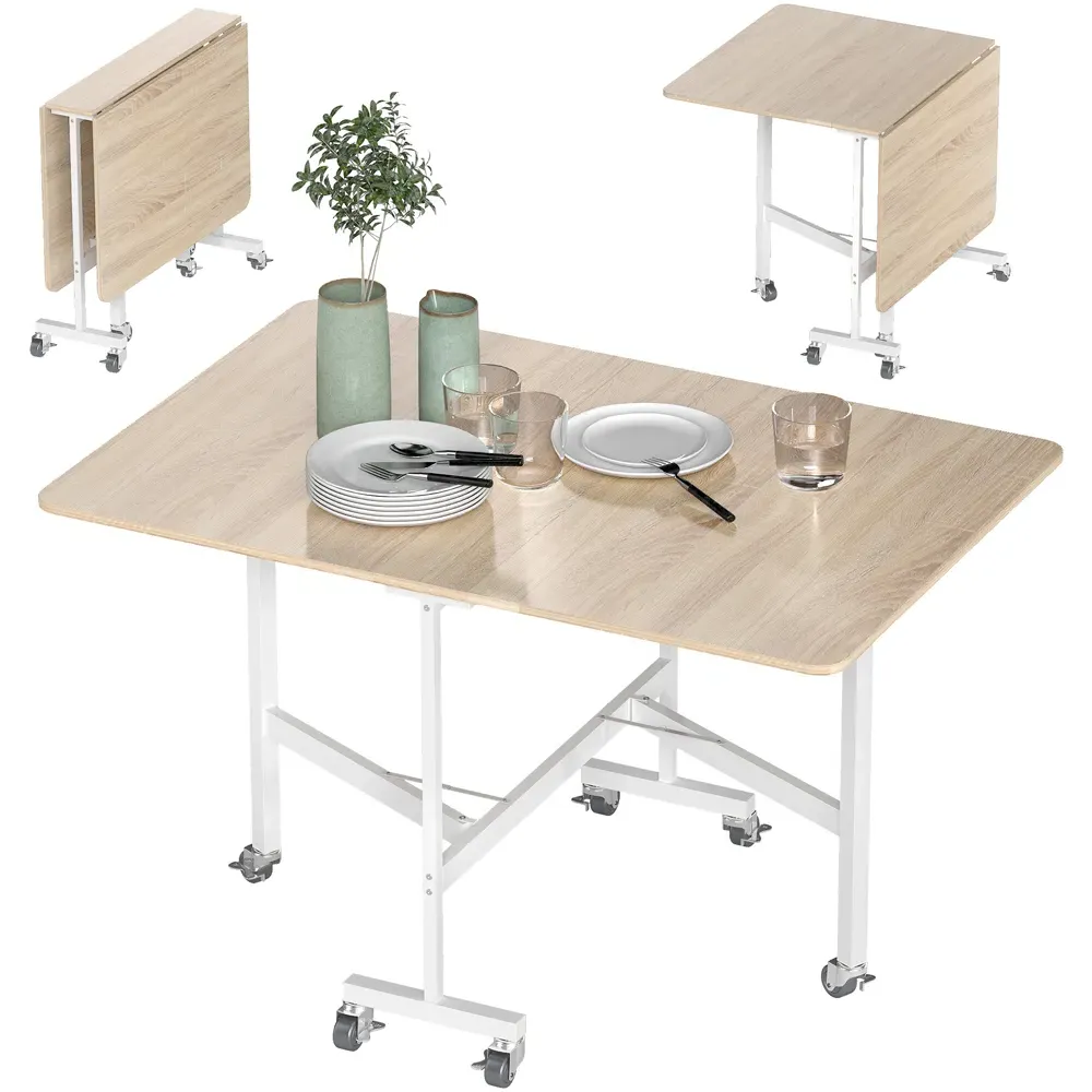 6-Seater Drop Leaf Dining Table with Wheels - Oak