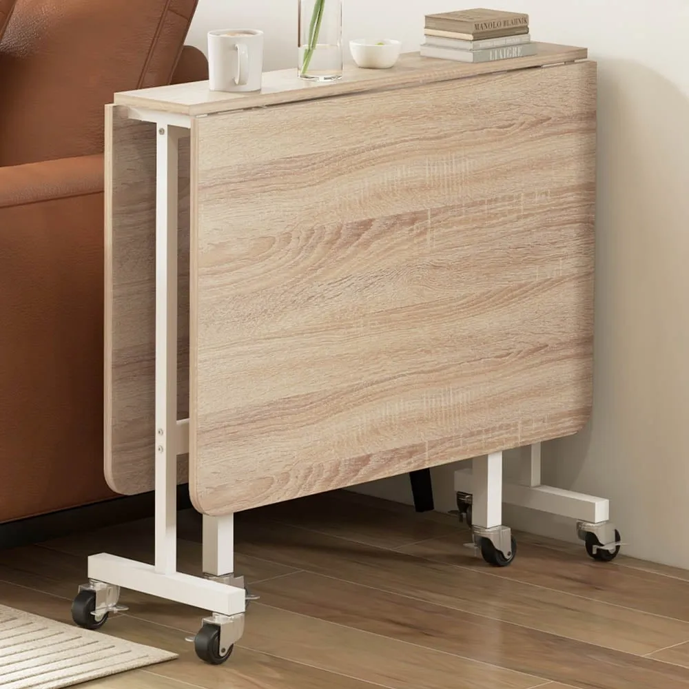 6-Seater Drop Leaf Dining Table with Wheels - Oak