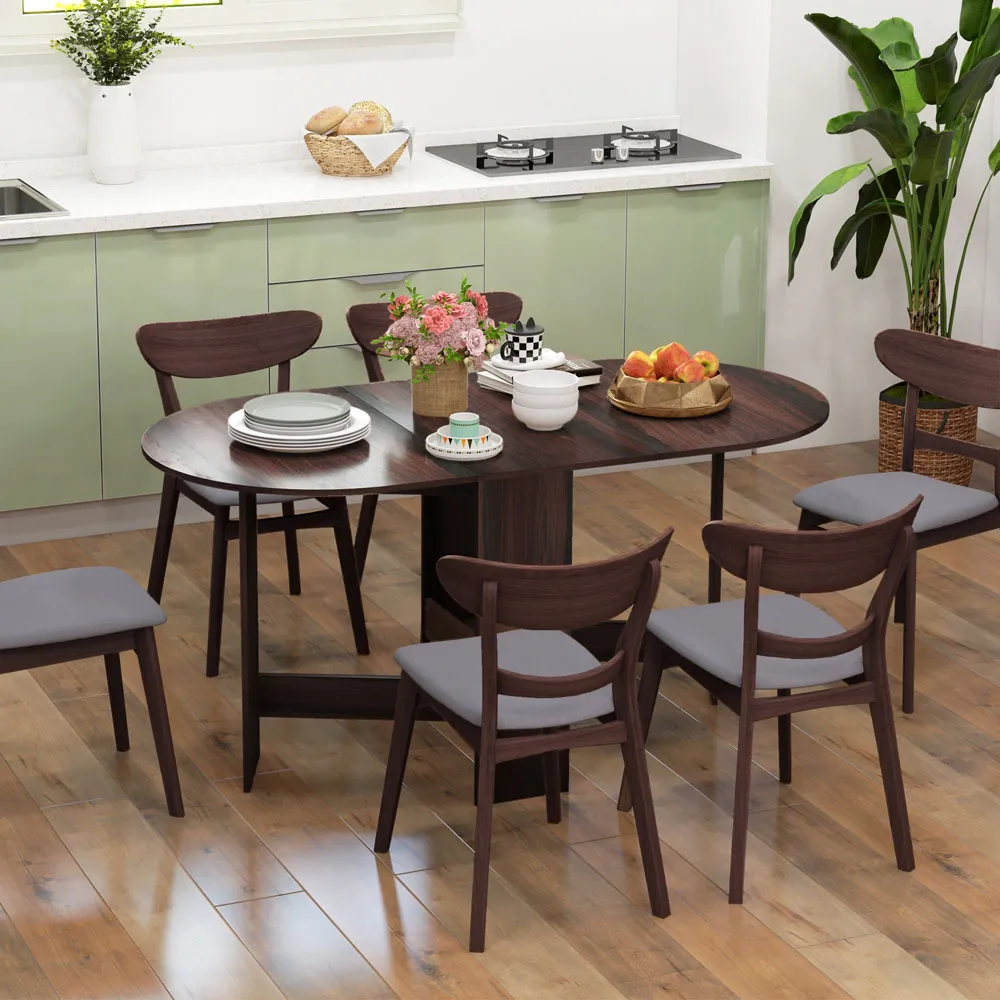 6 Seater Oval Dining Table with Drop Leaves - Brown