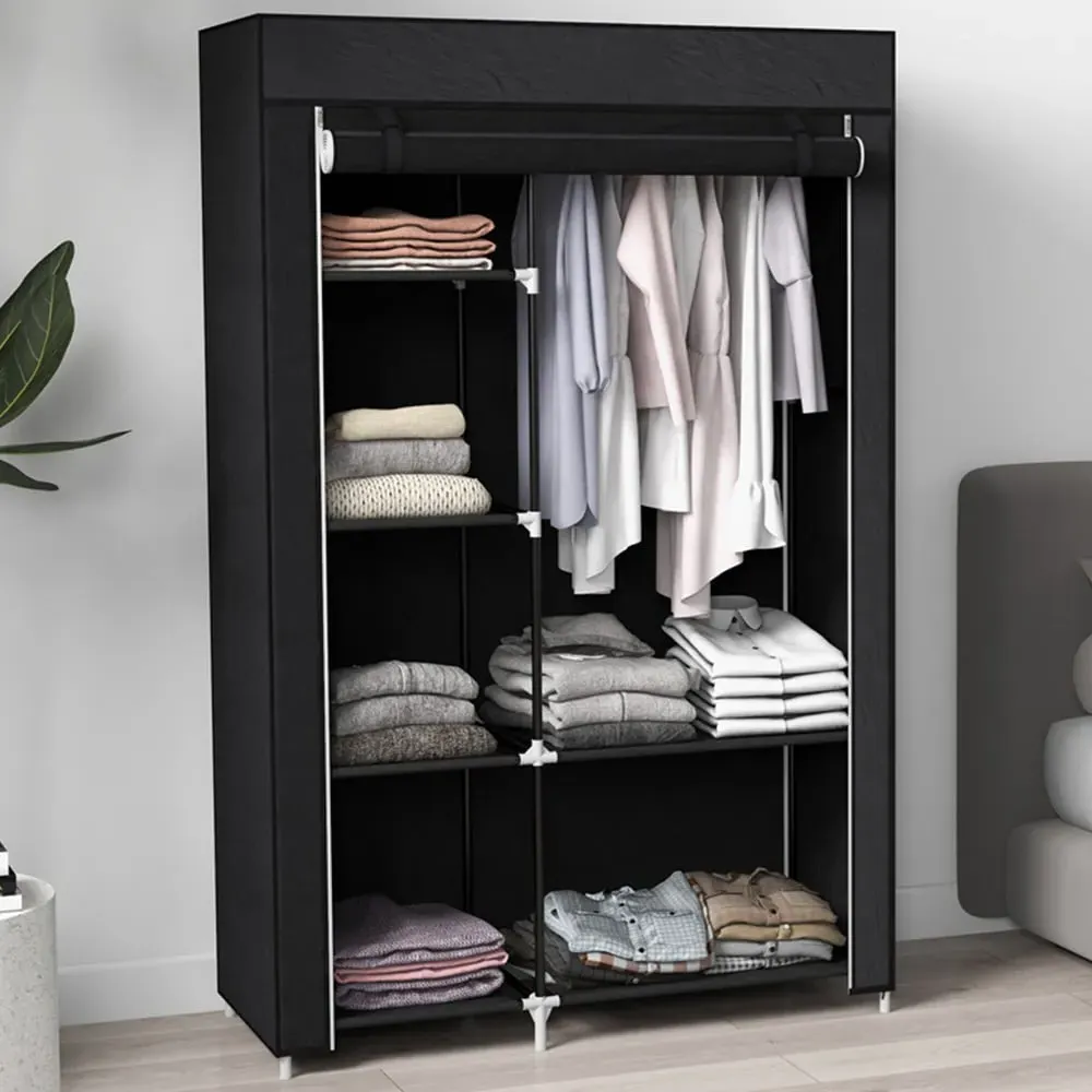6 Shelf Foldable Wardrobe with Hanging Rail - Black, Fabric