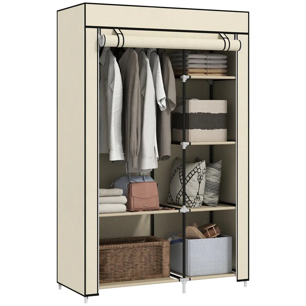 6 Shelf Foldable Wardrobe with Hanging Rail - Cream, Fabric