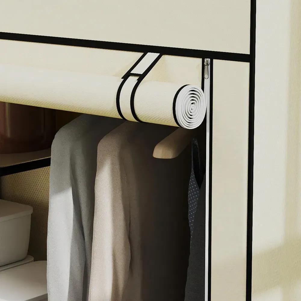 6 Shelf Foldable Wardrobe with Hanging Rail - Cream, Fabric
